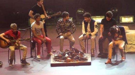 One Direction (Niall Horan, Zayn Malik, Liam Payne, Harry Styles and Louis Tomlinson) live at a campfire